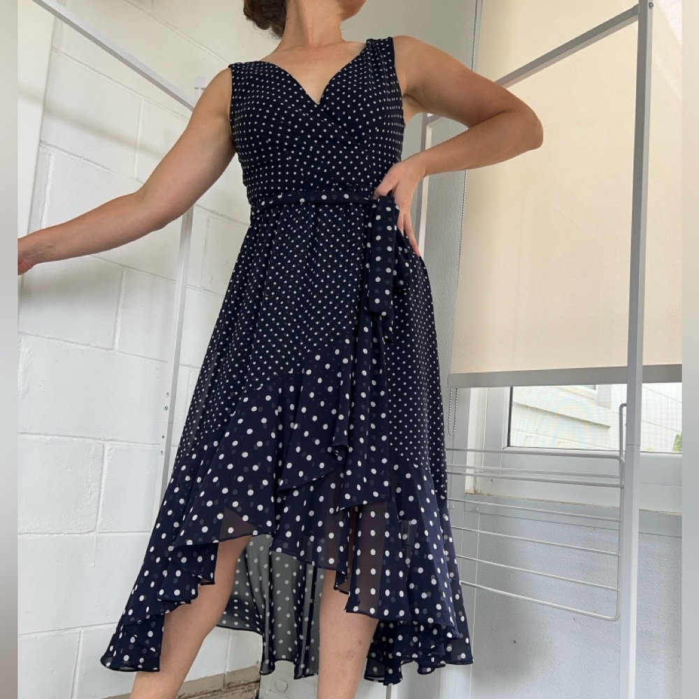 Polka dot high low ruffle dress navy